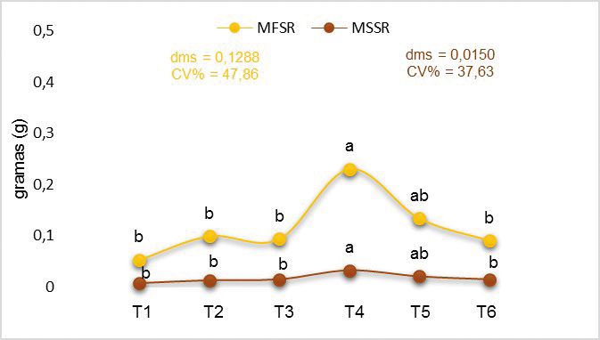 Figura 7 - Médias da massa fresca e seca do sistema radicular (MFSR e MSSR) de mudas de tomateiro, submetidas a diferentes tipos e proporções de substratos, com dados de 30 dias após a semeadura (DAS)
