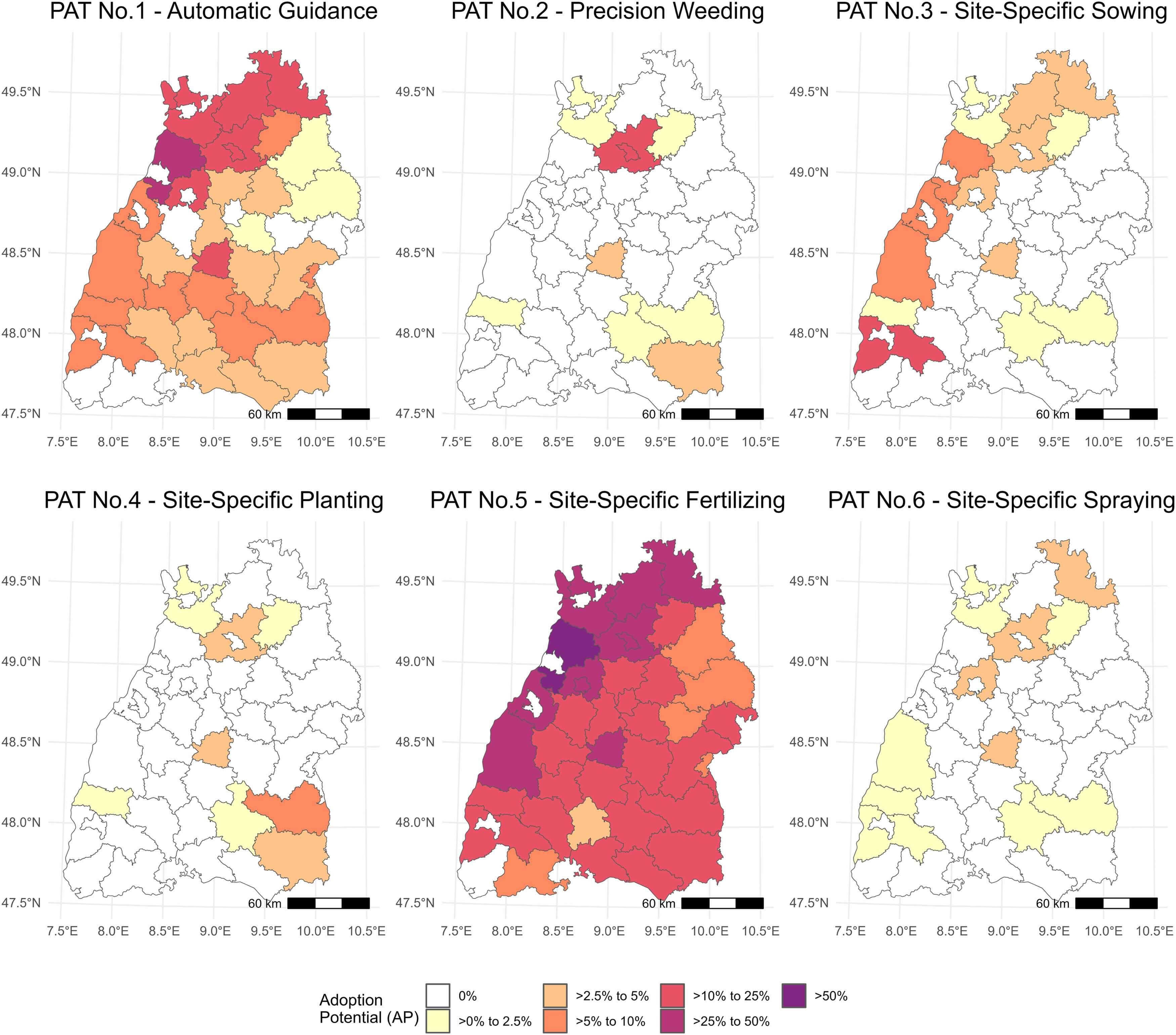 O potencial de adoção dos PATs selecionados foi calculado representando a proporção máxima possível de fazendas aráveis ​​que podem usar PATs do ponto de vista econômico, divididas por distritos NUTS3 em Baden-Württemberg