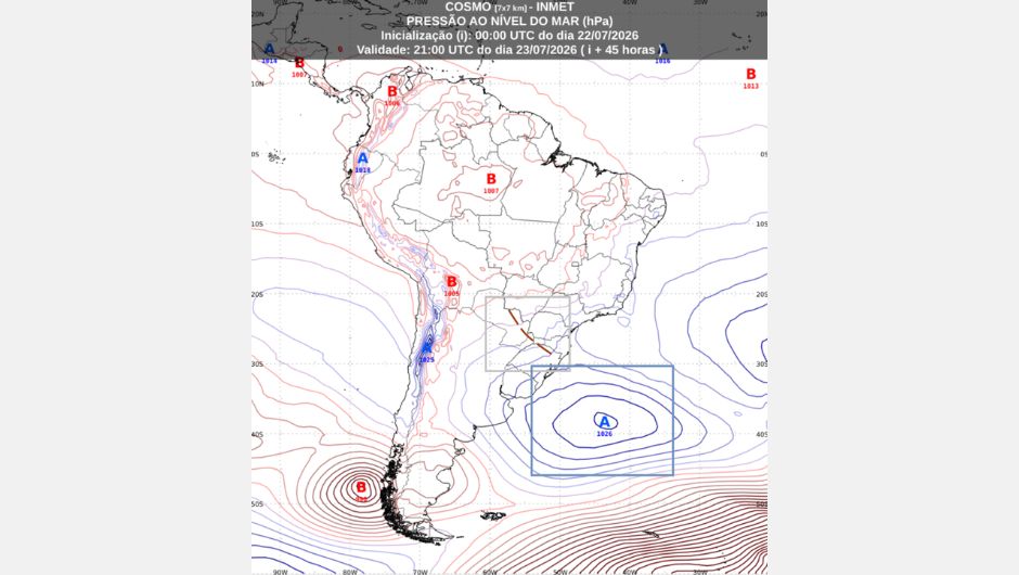 Previsão de pressão ao nível médio do mar às 18h (horário de Brasília) de quinta-feira, 23 de julho de 2026, obtida a partir do modelo de previsão numérica do tempo Cosmo; fonte: Inmet