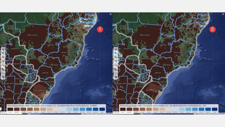 Previsão para os próximos 15 dias do ECMWF (mapa1) e GFS (mapa2); foto: divulgação/EarthDaily Agro