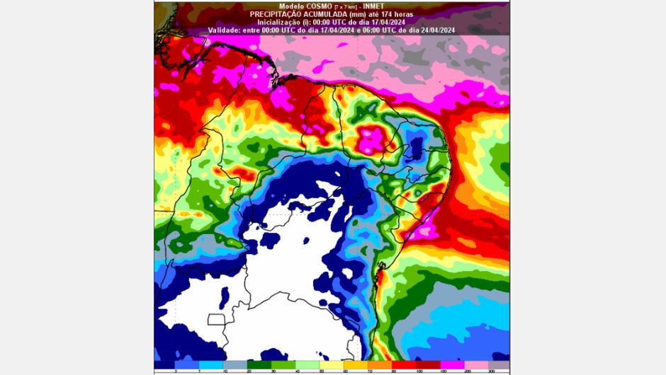 Figura 1: previsão do modelo numérico Cosmo 7 km, chuva acumulada, em milímetros (mm), para o período de 7 dias (17/04/2024 às 00 UTC até 24/04/2024 às 06 UTC)