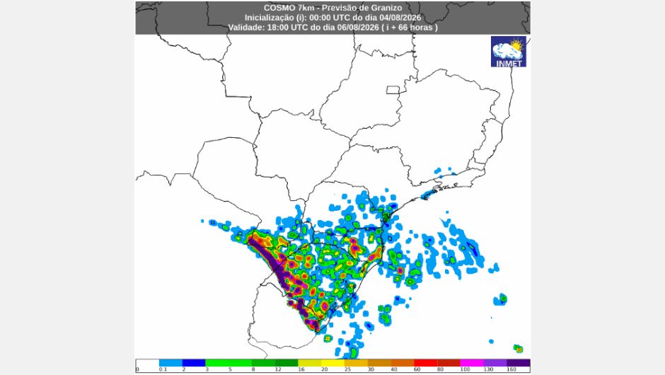 Previsão de granizo para as 15h (horário de Brasília) de quinta-feira, 6 de agosto de 2026, elaborada com base nas previsões do modelo numérico de previsão do tempo Cosmo; fonte: Inmet