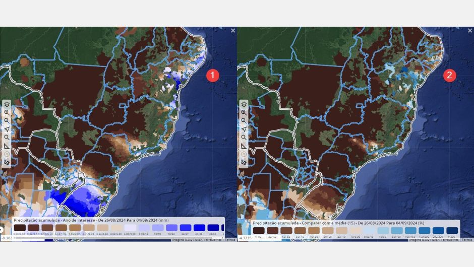 &nbsp;Onda de calor em todo o país nos últimos 10 dias (mapa 1) e nos últimos 15 anos (mapa 2); foto: divulgação/EarthDaily Agro