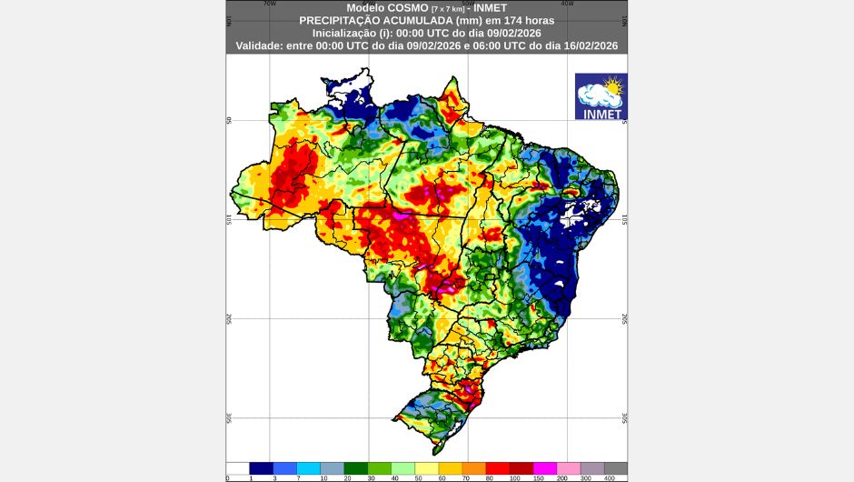 Figura 1: previsão de chuva acumulada (9 a 16 de fevereiro de 2026); fonte: Inmet