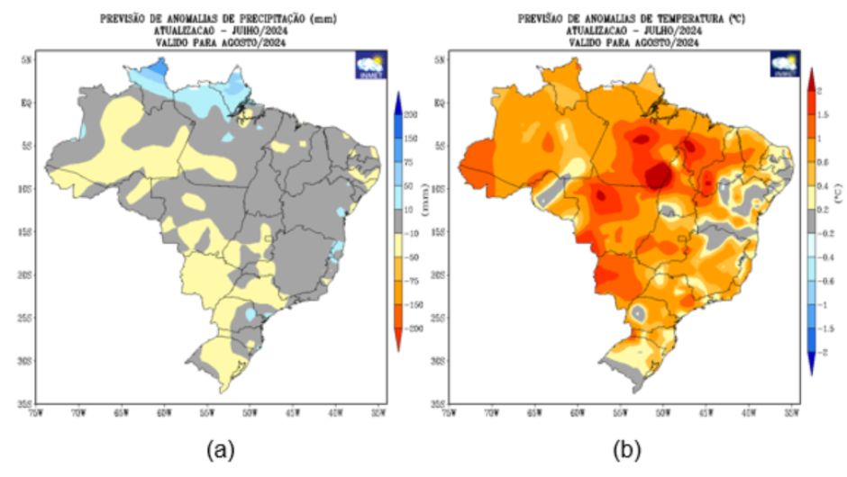 Figura 1: previsão de anomalias de (a) precipitação e (b) temperatura média do ar do modelo climático do Inmet, para o mês de agosto de 2024