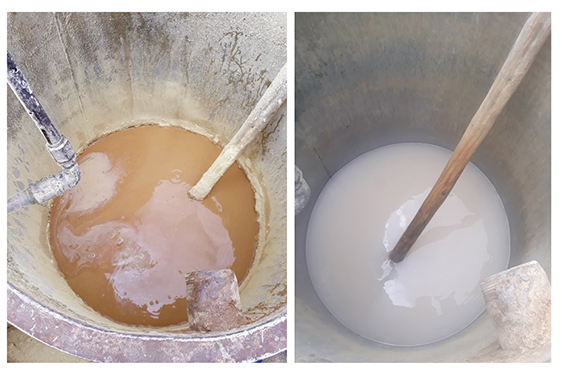 Tanque de pré-mistura antes e depois da limpeza com produto à base de ácido dodecil benzeno sulfônico