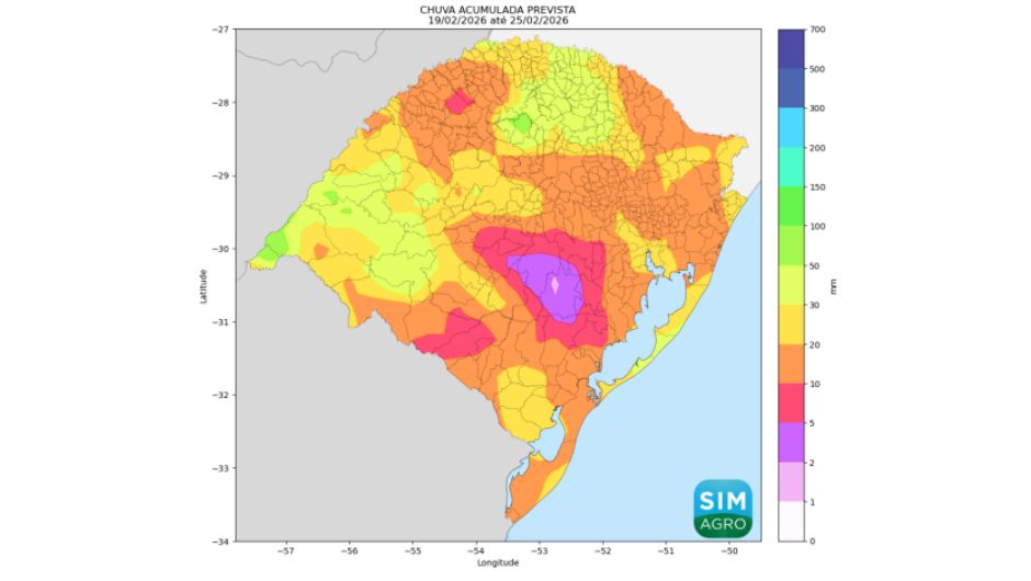 Figura 2 - chuva prevista (em mm) pelo modelo GFS de 19 a 25 de fevereiro de 2026