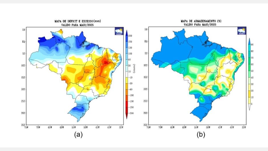 Figura 1: mapas de déficits e excessos hídricos em mm e armazenamento de água no solo em % previstos para o mês de maio no território brasileiro
