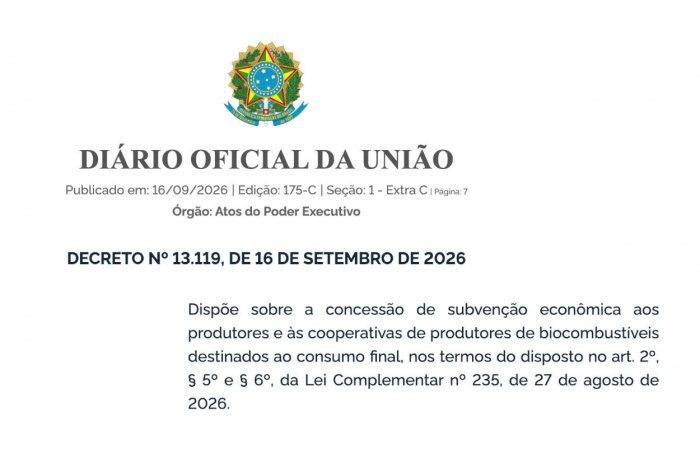 Governo Federal cria subvenção de R$ 0,2519 por litro para etanol