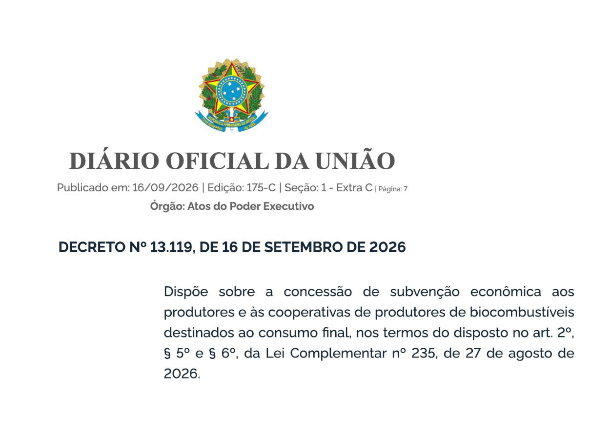 Governo Federal cria subvenção de R$ 0,2519 por litro para etanol