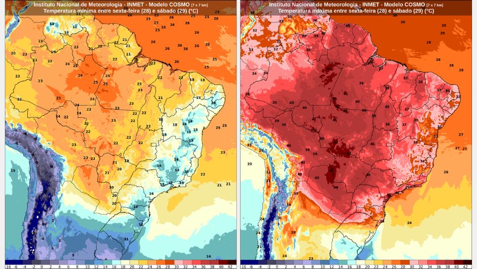 Previsão de temperatura mínima entre sexta-feira (28) e sábado (29) e previsão de temperatura máxima entre sexta-feira (28) e sábado (29); fonte: Inmet