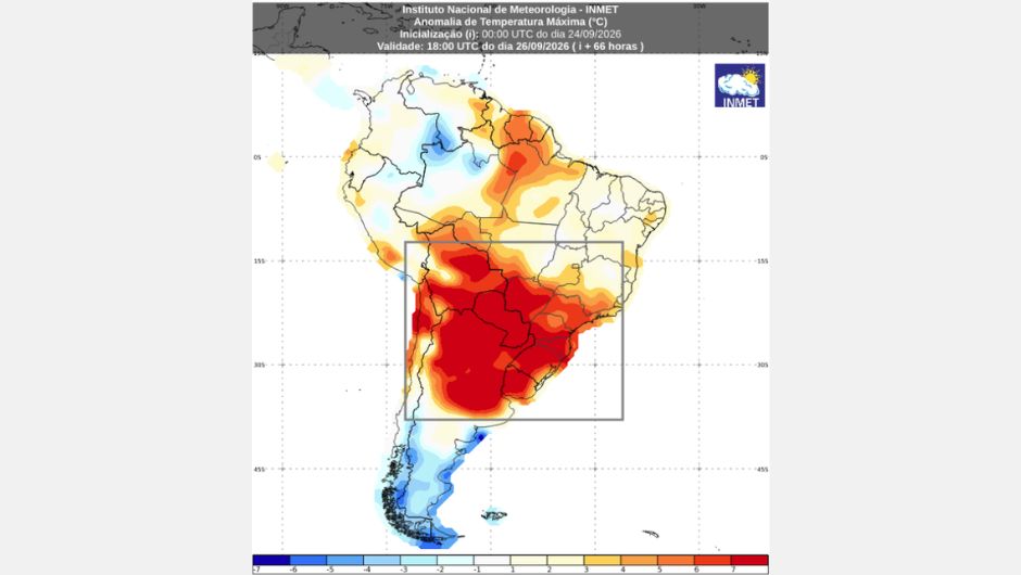 Anomalia da temperatura máxima prevista para a tarde de sábado (26/9), representando os desvios da temperatura em relação à média climatológica.