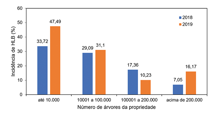 Figura 3 - Incidência de HLB no Estado de São Paulo e Triângulo Mineiro em função do tamanho da propriedade citrícola. Fonte: Fundecitrus (2019).