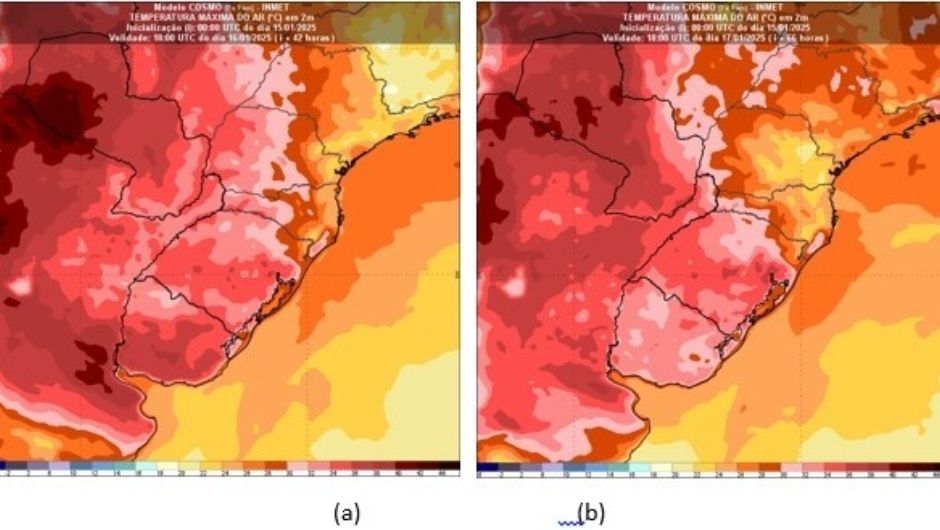 Figura 1: temperaturas máximas indicadas pelo modelo Cosmo Inmet 7km na quinta 16/01 e sexta 17/01