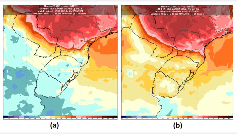 Figura 2: temperaturas máximas (em °C ) previstas pelo modelo Cosmo-Inmet 7Km para (a) sexta-feira (3) e (b) sábado (4)