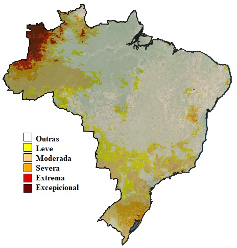 Figura 1. Condições de seca no Brasil. Adaptado a partir das análises do monitoramento da seca nos últimos dez dias, realizadas nos dados da base CHIRPS (Climate Hazards Group InfraRed Precipitation with Station data). Fonte: https://www.usda.gov/ 