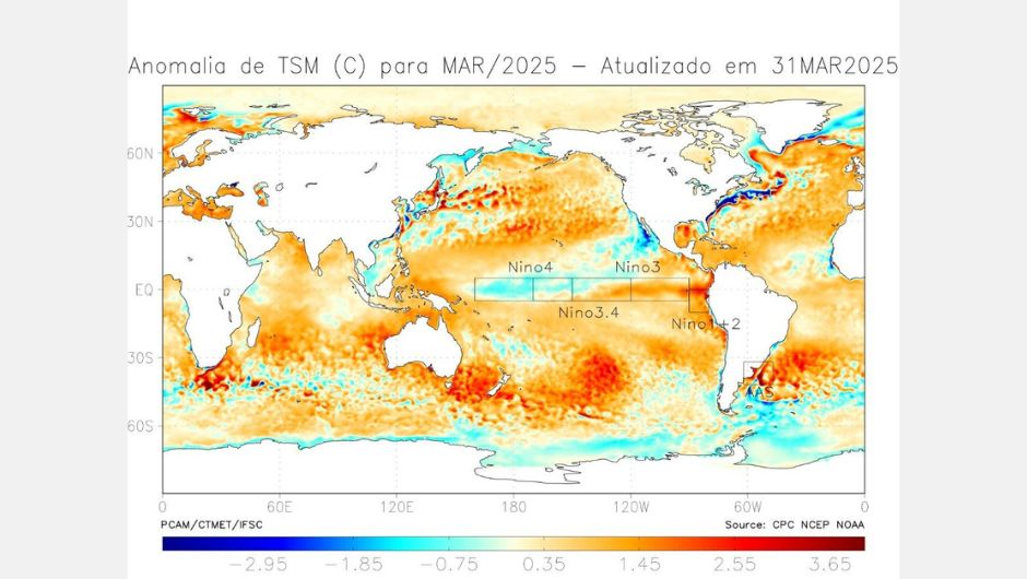 Figura 1 - anomalia da TSM nos oceanos Atlântico e Pacifico, em março de 2025;fonte: IFSC