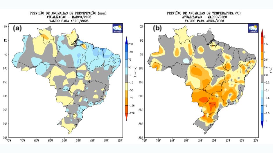Figura 1: previsão de desvios de (a) precipitação (mm) e (b) temperatura média do ar (°C) do modelo climático do Inmet para o mês de abril de 2026