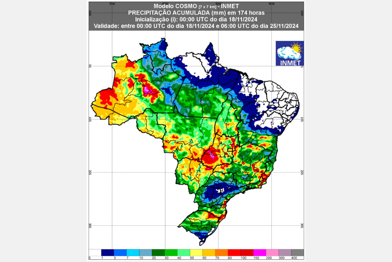 Previsão de chuva entre 18 e 25 de novembro de 2024 - Fonte: Inmet