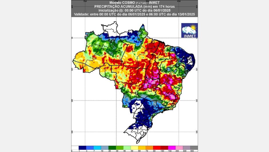 Figura 1: previsão de chuva (06 a 13 de janeiro de 2025); fonte: Inmet