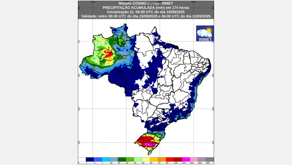 Figura 1: previsão de chuva acumulada (15 de agosto a 21 de setembro de 2025); fonte: Inmet