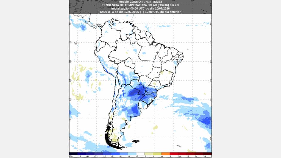 Mapa de previsão de tendência de temperatura, às 9h de domingo (horário de Brasília) em relação às 9h de sábado, do modelo Cosmo; fonte: Inmet
