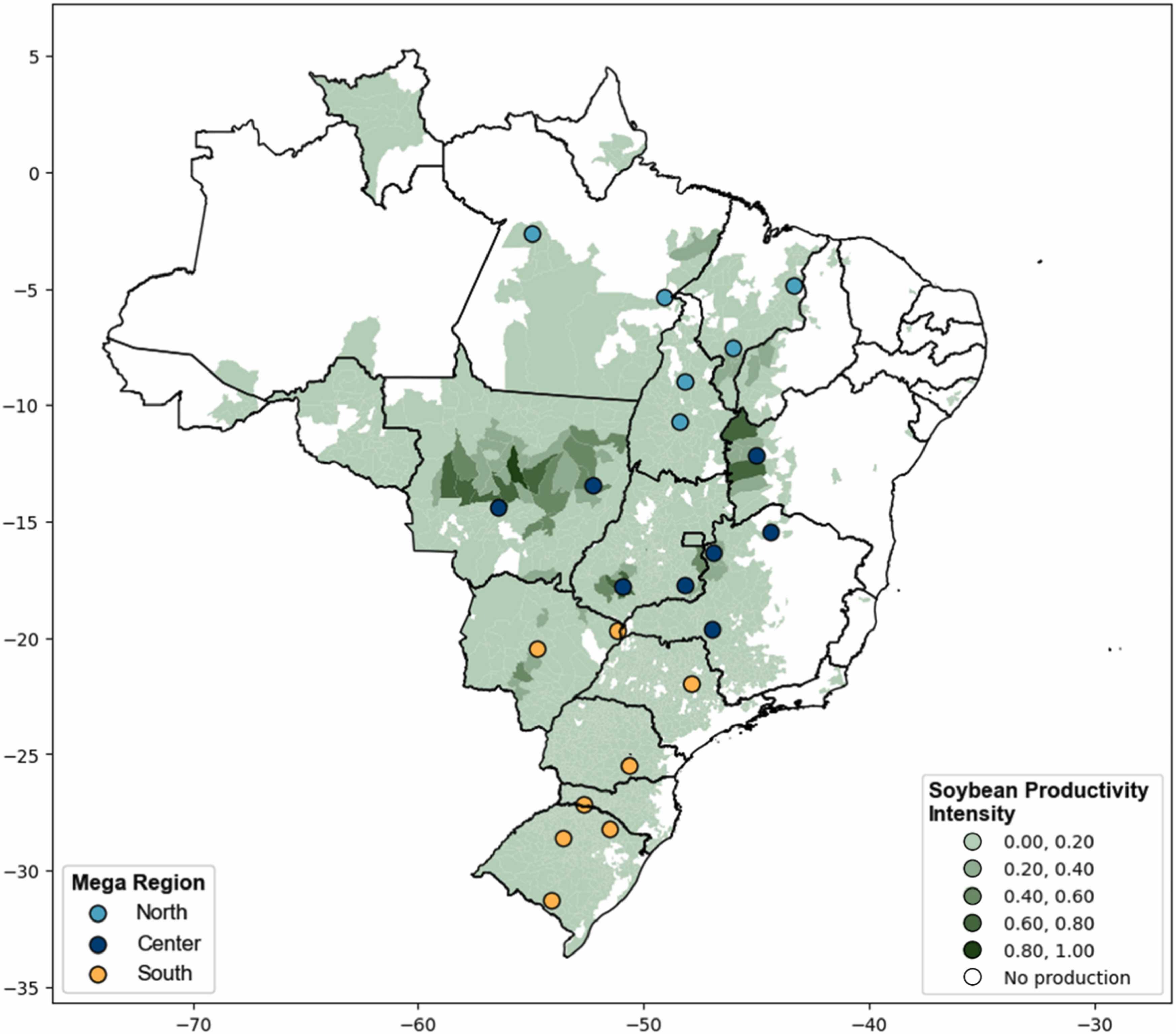 Distribuição das regiões produtoras de soja pelas diversas regiões do Brasil, agrupadas por mega-regiões; os valores na legenda representam a parte decimal de um pixel cultivado com soja