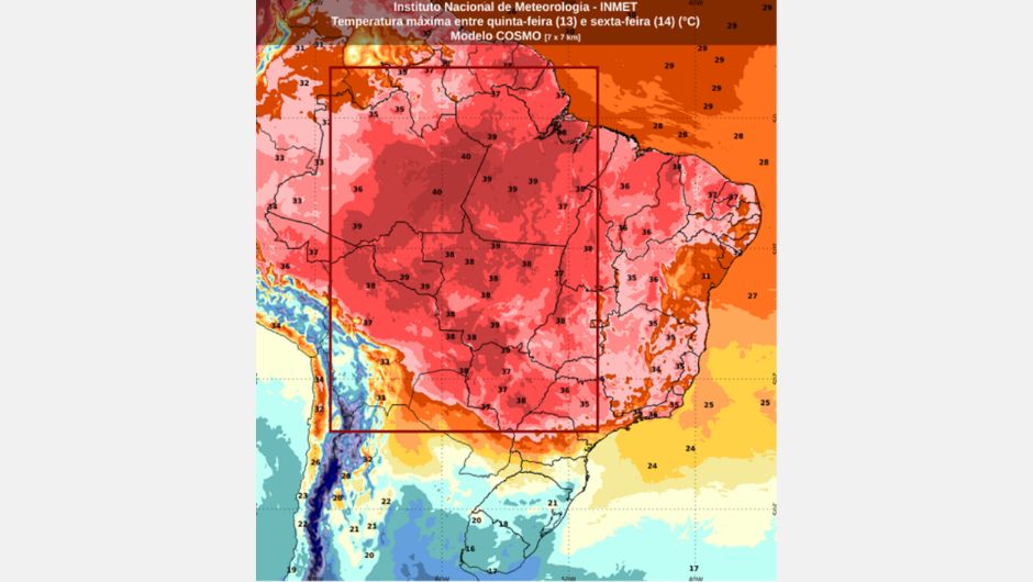 Previsão de temperatura máxima pelo modelo Cosmo entre quinta-feira (13) e sexta-feira (14); fonte: Inmet