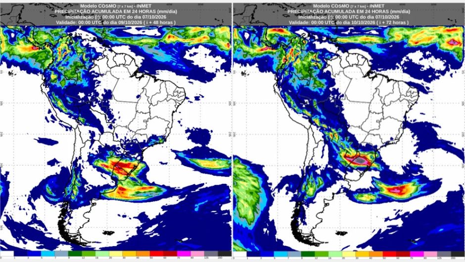Previsão de acumulados de chuva para a quinta (8) e sexta-feira (9), conforme o modelo numérico de previsão de tempo Cosmo; fonte: Inmet