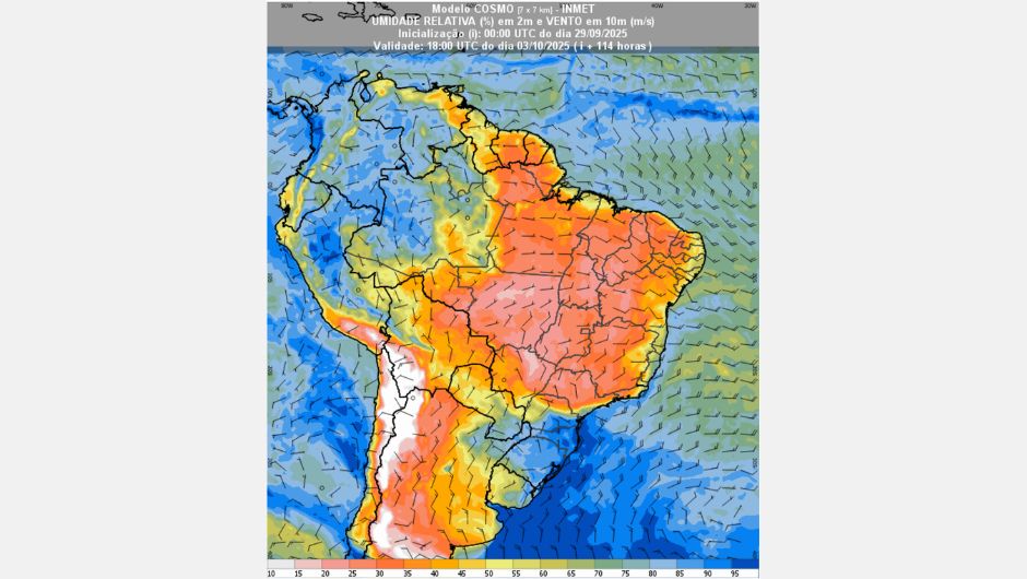 Figura 2: previsão de umidade relativa do ar (%) em 2 m e vento a 10 m (m/s) no dia 03 de outubro de 2025; fonte: Inmet
