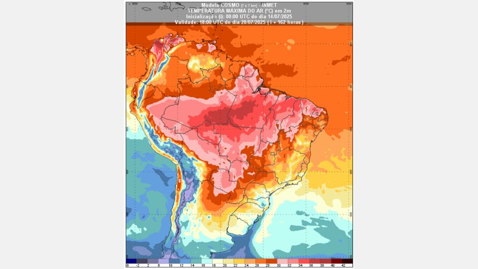 Figura 2: previsão de temperatura máxima para o dia 20 de julho de 2025 às 15h (horário de Brasília); fonte: Inmet