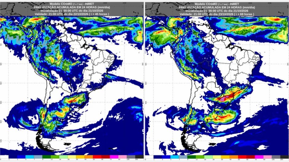 Previsão de acumulados de chuva de quarta-feira (21/10) até sexta-feira (23/10), conforme o modelo numérico de previsão de tempo Cosmo; fonte: Inmet