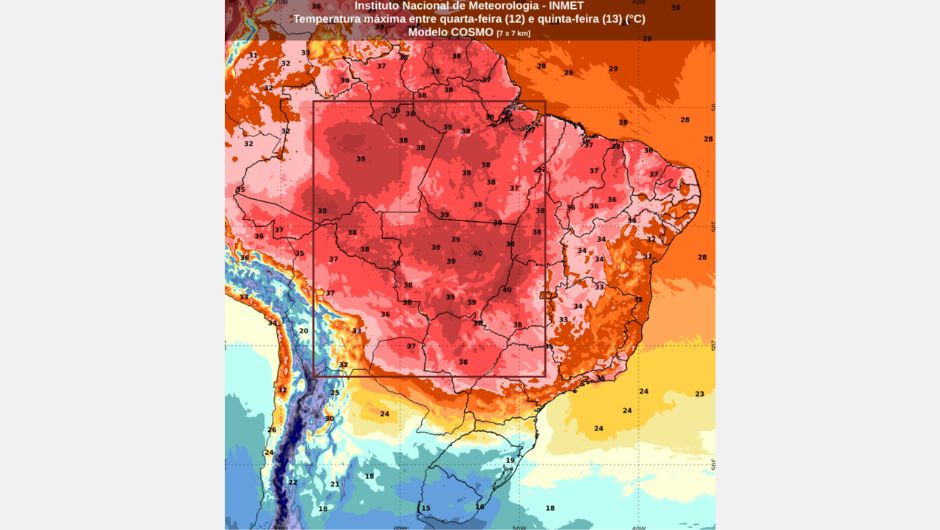 Previsão de temperatura máxima pelo modelo Cosmo entre quarta-feira (12/8) e quinta-feira (13/8)