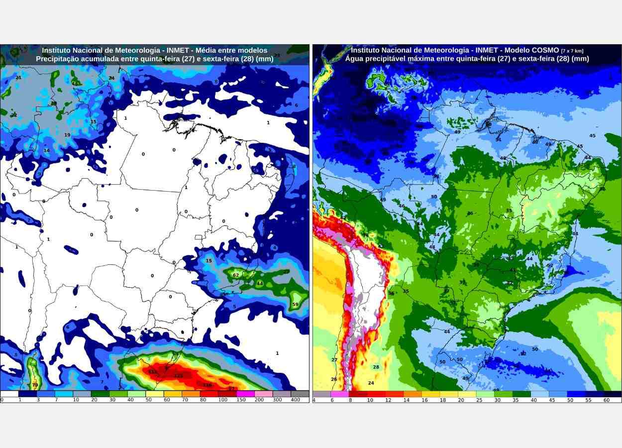 Inmet: previsão do tempo para quinta (27) e sexta-feira (28)