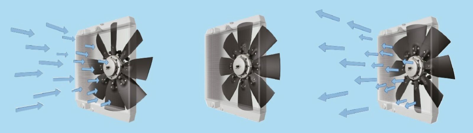 Os ventiladores realizam uma reversão rápida do ângulo das pás, facilitando a remoção de sujeiras que possam entupir o radiador