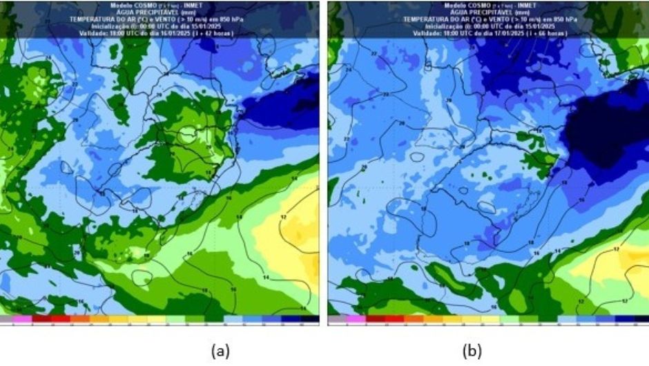 Figura 2: conteúdo de umidade (água precipitável) indicado pelo modelo Cosmo Inmet 7km na quinta 16/01 e sexta 17/01