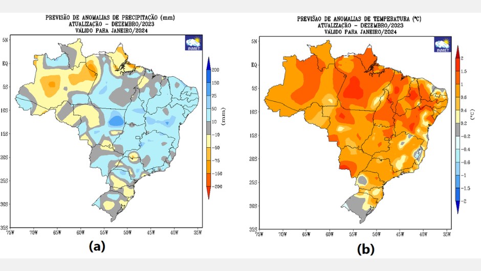 Figura 1: previsão de anomalias de - (a) precipitação (chuva) e (b) temperatura média do ar do modelo climático do Inmet, para o mês de janeiro de 2024