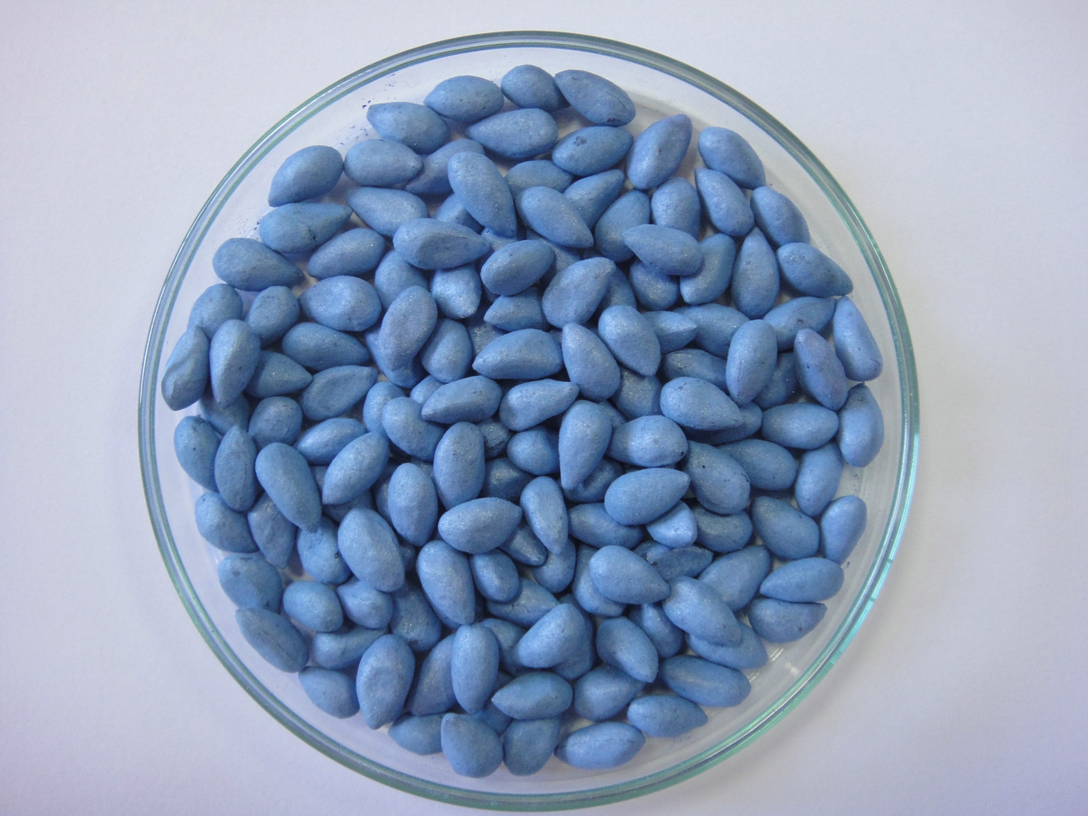 Sementes azuis = Tratadas com fungicidas. Coloração azul devido ao tratamento com o produto Permit: recomendado para proteção das sementes de algodão contra ação fitotóxica do herbicida clomazone (Gamit e Gamit 360 CS).