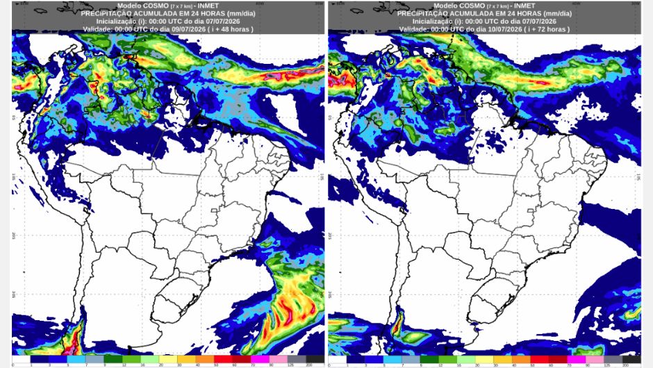 Previsão de chuva acumulada em 24h, referente aos dias 8 e 9 de julho de 2026, do modelo Cosmo; fonte: Inmet