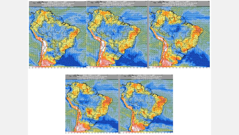 Figura 2: previsão de umidade relativa do ar (%) em 2 m e vento a 10 m (m/s) para a semana de 22 de dezembro a 26 de dezembro de 2025 às 15h (horário de Brasília); fonte: Inmet