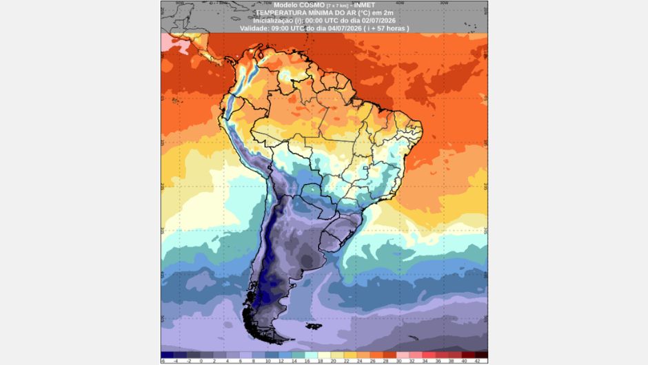 Temperatura mínima prevista para a manhã do dia 4/7/2026 do modelo Cosmo; fonte: Inmet