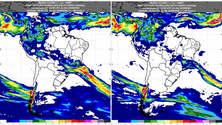 Previsão de chuva acumulada (mm) de terça-feira (22/9) até o fim de quinta-feira (24/9), segundo o modelo numérico de previsão de tempo Cosmo; fonte: Inmet