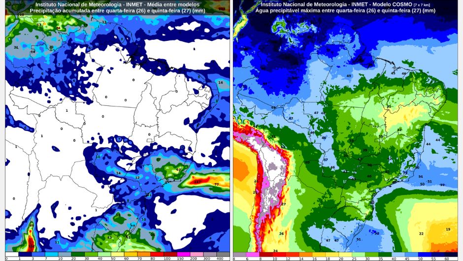 Previsão de chuva acumulada (mm) entre quarta-feira (26) e quinta-feira (27) e previsão do valor máximo de água precipitável (mm) entre quarta-feira (26) e quinta-feira (27)