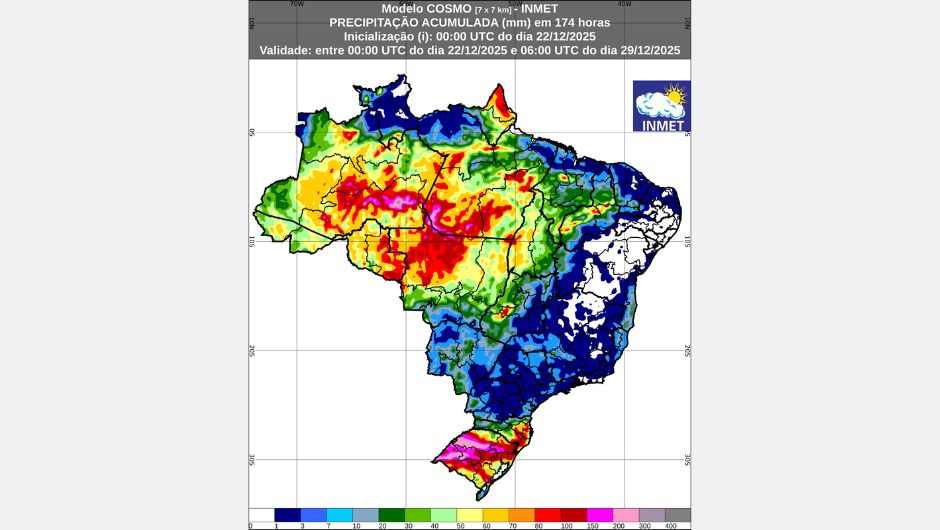 Figura 1: previsão de chuva acumulada (22 a 29 de dezembro de 2025); fonte: Inmet