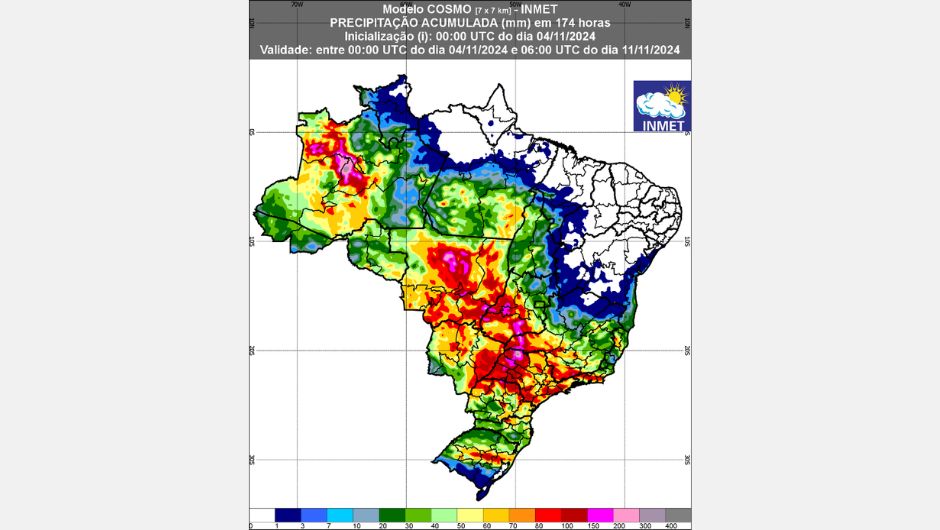 Figura 1: previsão de chuva (04 a 11 de novembro de 2024); fonte: Inmet