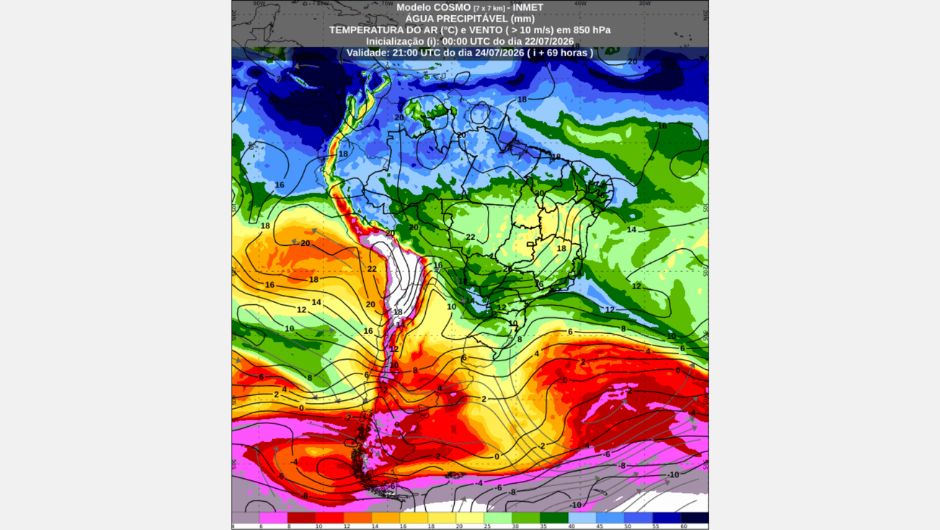 Previsão de água precipitável (mm), válida para as 18h (horário de Brasília) de 24 de julho de 2026; fonte: Inmet
