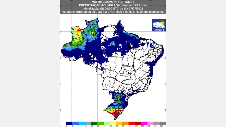Previsão de chuva acumulada (27 de julho a 3 de agosto de 2026); fonte: Inmet