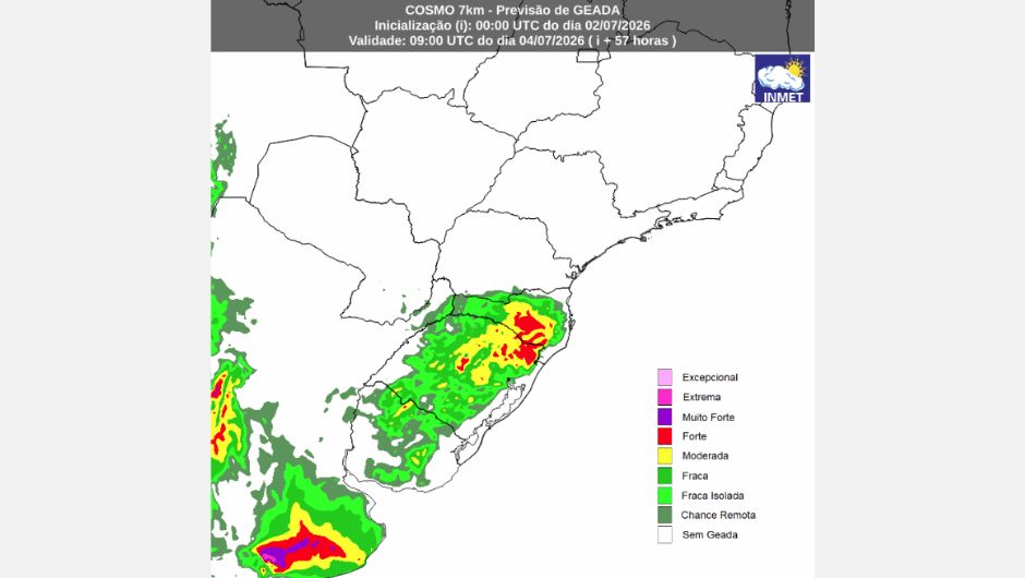 Previsão de geada para a manhã do dia 4/7/2026 do modelo Cosmo; fonte: Inmet