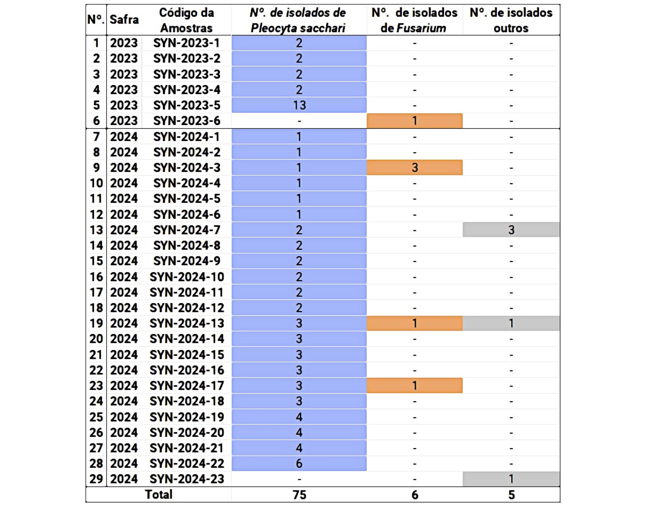 <b>Figura 3 -</b> durante as safras de 2023 e 2024 foram analisadas 29 amostras com sintomas de SMC das quais foram recuperados 75 isolados de <i>Phaeocytostroma sacchari</i>, 6 isolados de <i>Fusarium</i> spp. e 5 isolados de outros fungos saprófitas. O número em cada uma das linhas representa o número de isolados recuperados em cada amostra de <i>P. sacchari</i>, <i>Fusarium</i> spp. e outros fungos saprófitas.&nbsp;