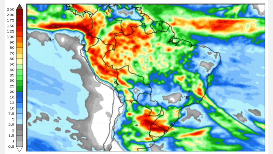 Figura 2: previsão de chuva para 2ª semana (21 e 29/11/2023); fonte: GFS